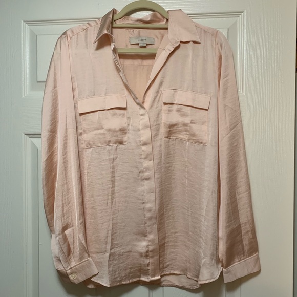 Pink silky LOFT button-up blouse - Picture 1 of 3